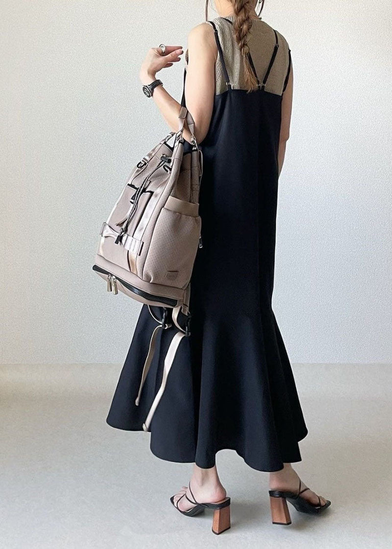Black Ruffled Patchwork Spaghetti Strap Cotton Dresses Sleeveless