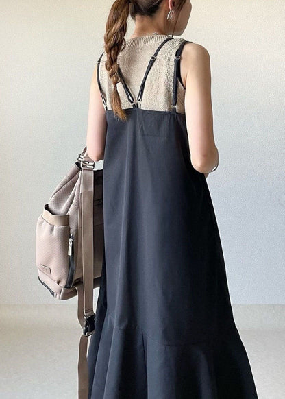 Black Ruffled Patchwork Spaghetti Strap Cotton Dresses Sleeveless