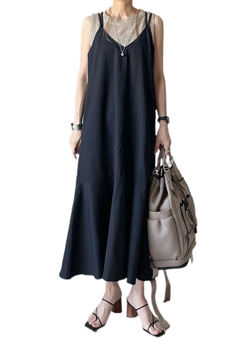 Black Ruffled Patchwork Spaghetti Strap Cotton Dresses Sleeveless