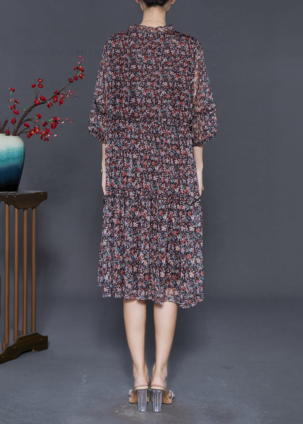Black Ruffled Print Chiffon Robe Dresses Summer