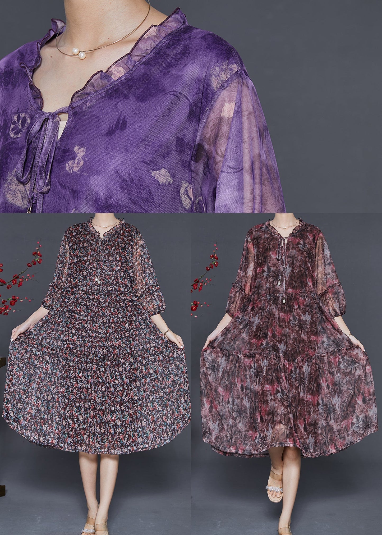 Black Ruffled Print Chiffon Robe Dresses Summer