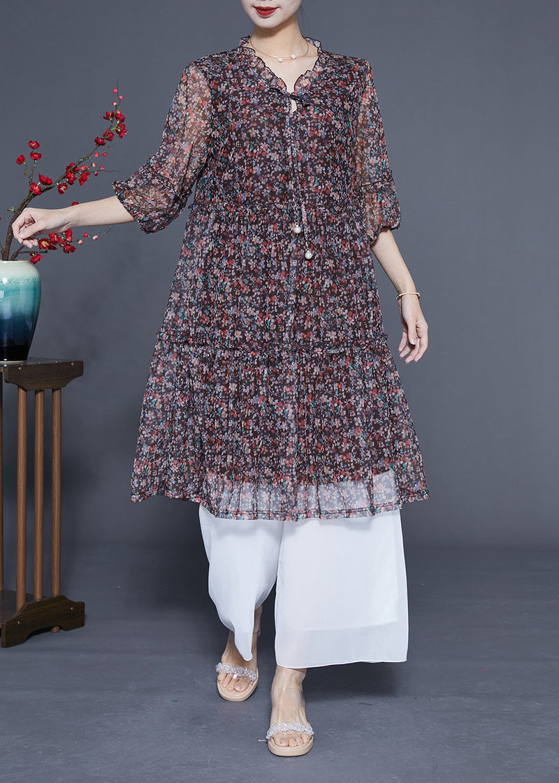 Black Ruffled Print Lace Up Chiffon Mid Dress Summer