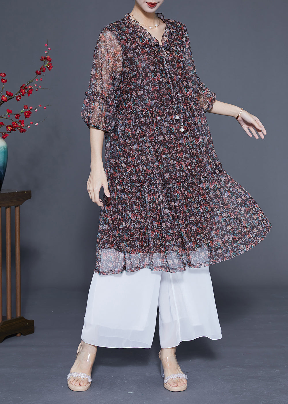 Black Ruffled Print Lace Up Chiffon Mid Dress Summer