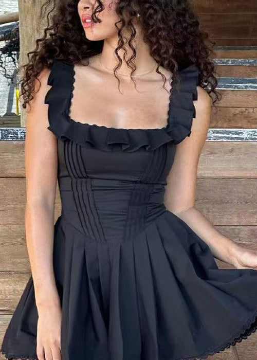 Black Ruffled Cotton Mid Dress Sleeveless