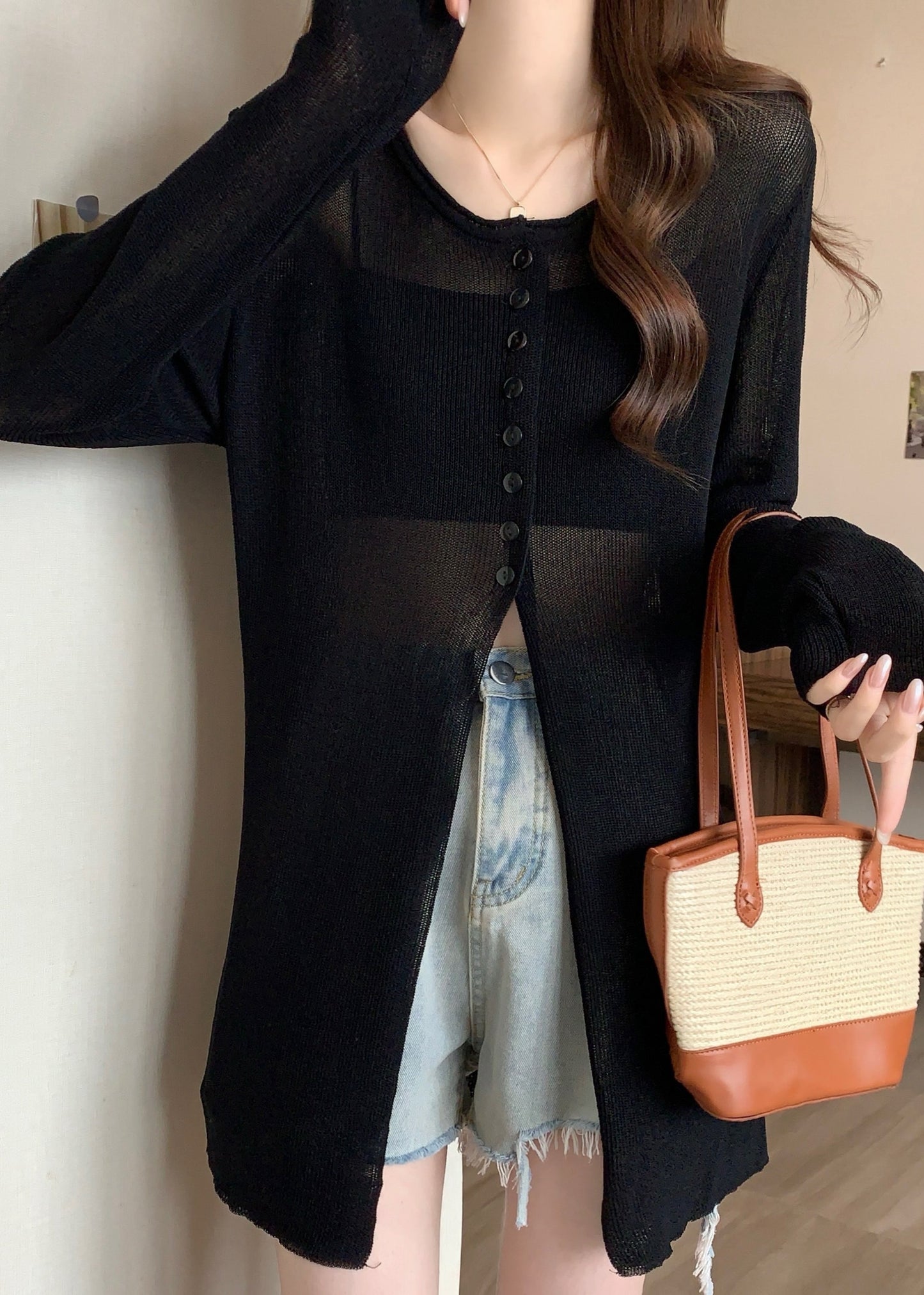 Black Side Open Knit Sheer Pullover Fall