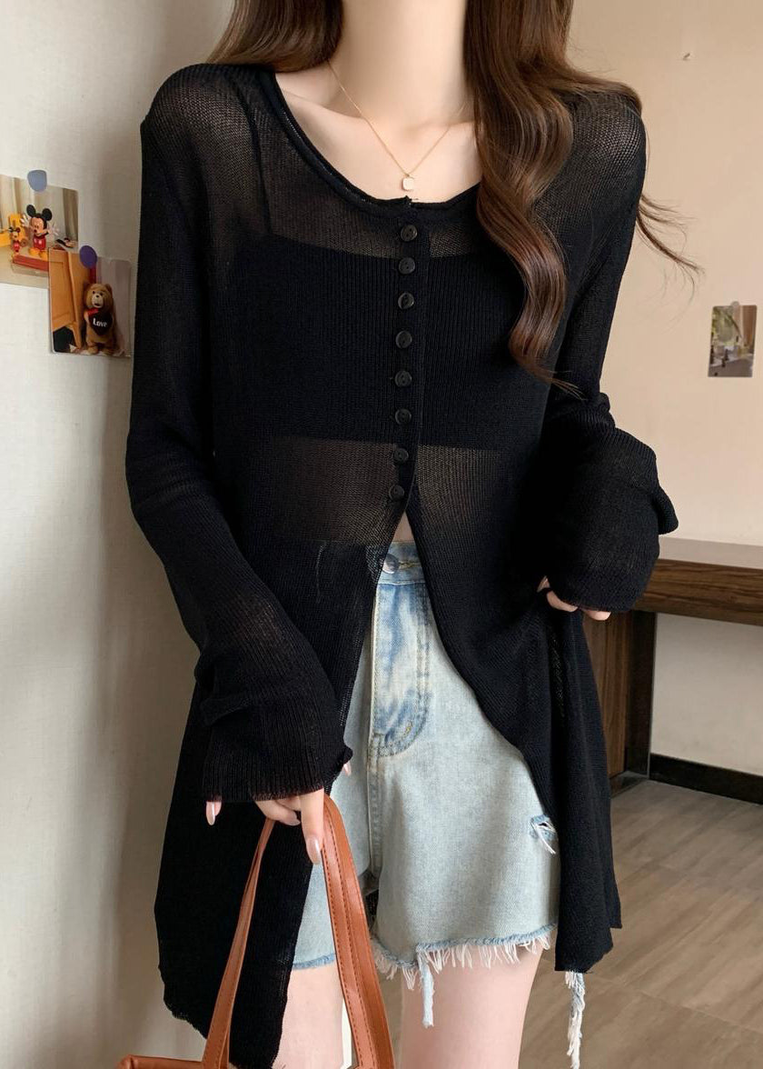Black Side Open Knit Sheer Pullover Fall