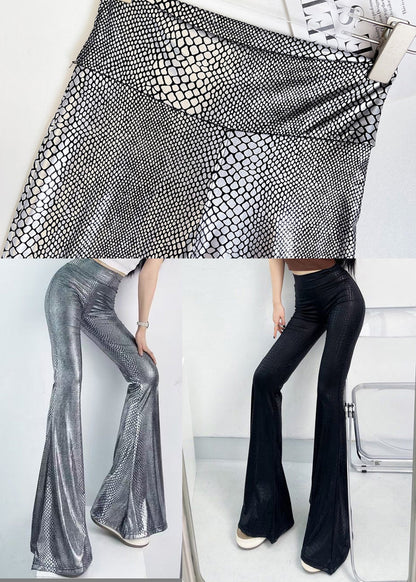 Black Snakeskin Pattern High Waist Bell-bottom Trousers Fall