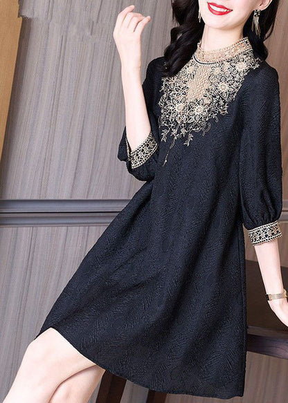 Black Stand Collar Lace Patchwork Spandex Mid Dress Half Sleeve