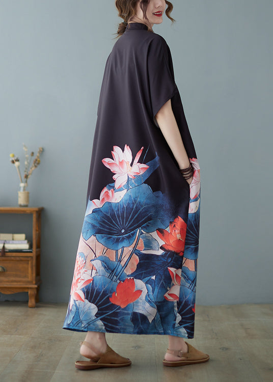 Black Stand Collar Oversized Print Chiffon Dress Summer