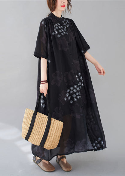 Black Stand Collar Oversized Print Chiffon Shirt Dresses Summer