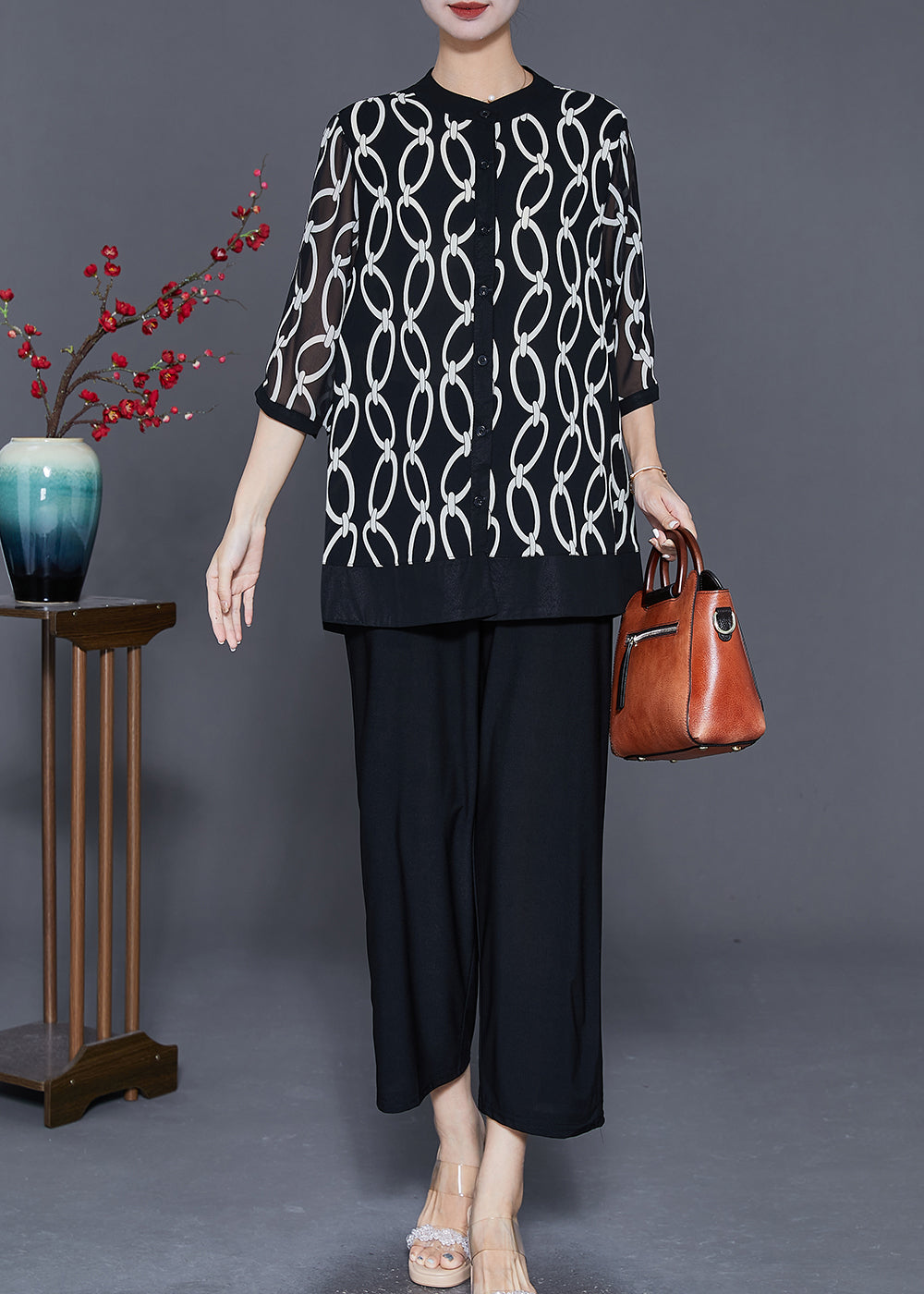 Black Stand Collar Print Chiffon Two-piece Set Summer