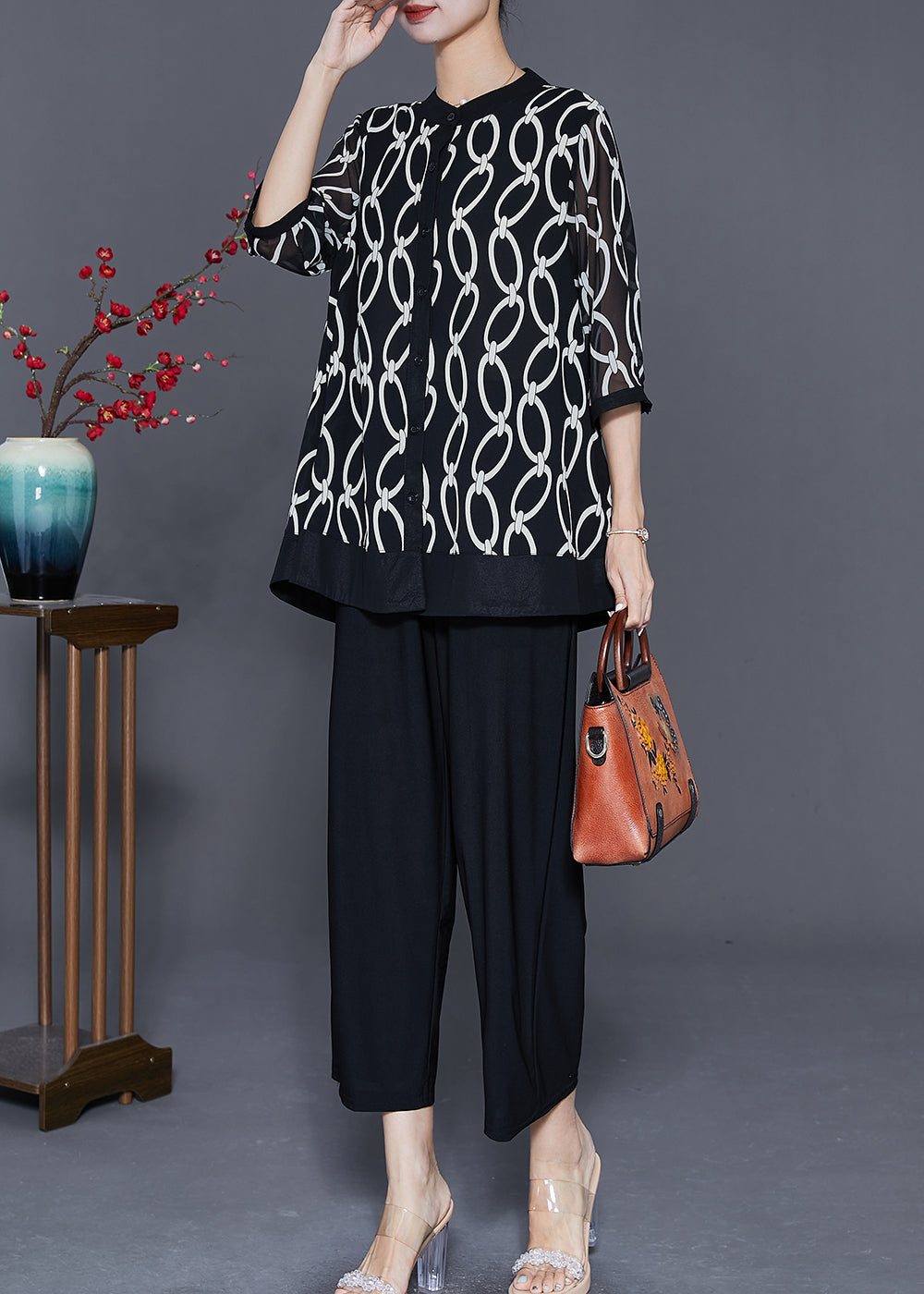 Black Stand Collar Print Chiffon Two-piece Set Summer
