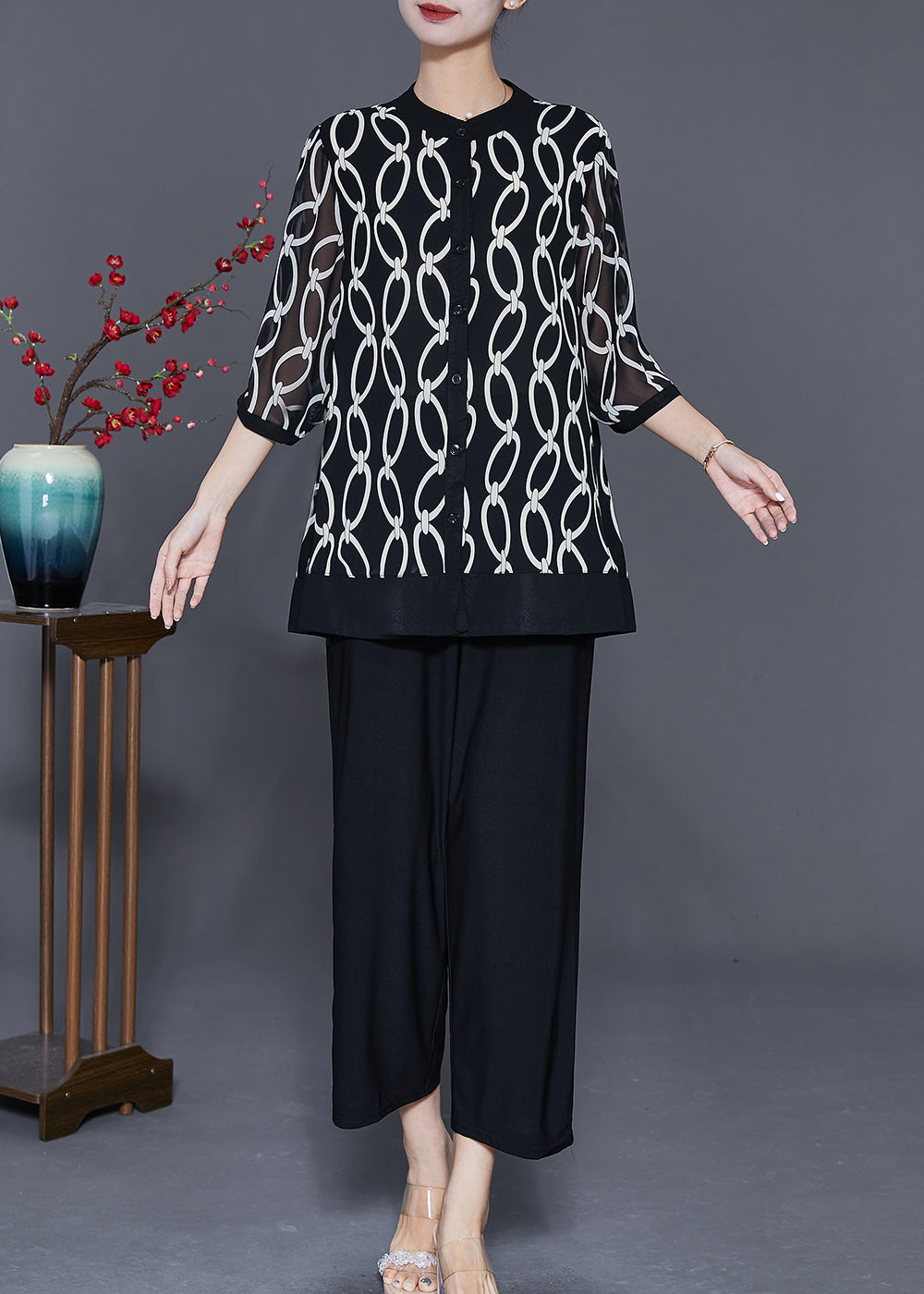 Black Stand Collar Print Chiffon Two-piece Set Summer