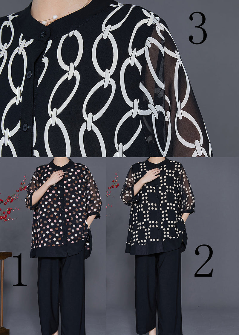 Black Stand Collar Print Chiffon Two-piece Set Summer