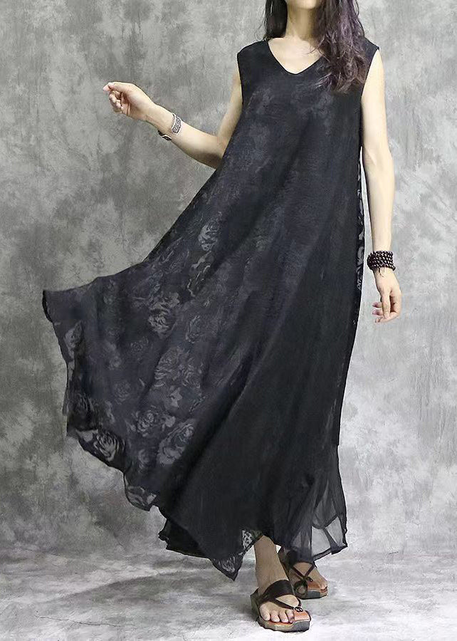 Black V Neck Exra Large Hem Silk Beach Dress Sleeveless