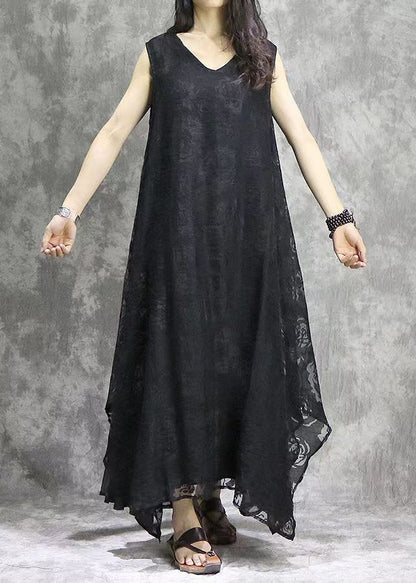 Black V Neck Exra Large Hem Silk Beach Dress Sleeveless