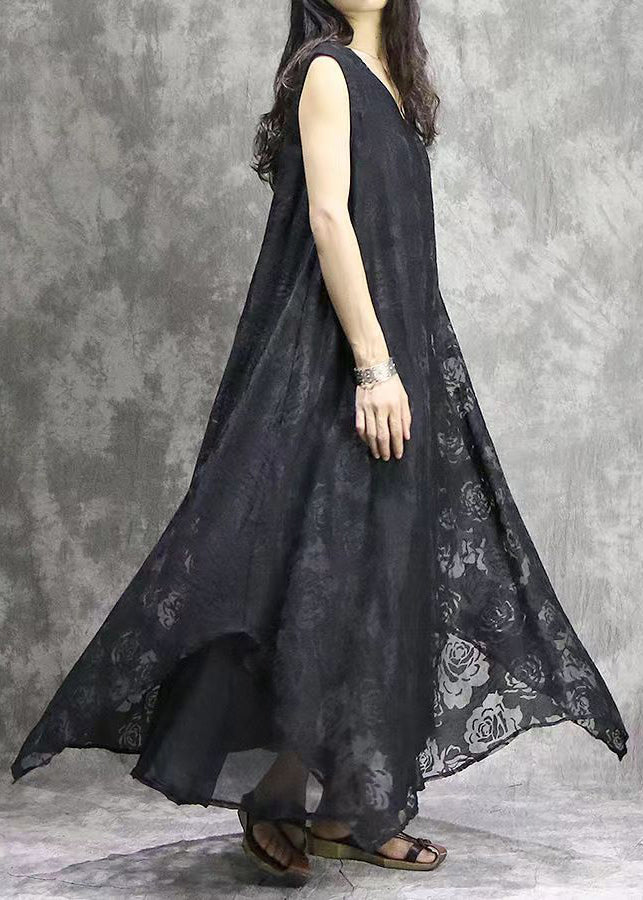 Black V Neck Exra Large Hem Silk Beach Dress Sleeveless