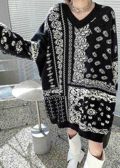Black V Neck Oversized Print Knit Sweater Dress Winter