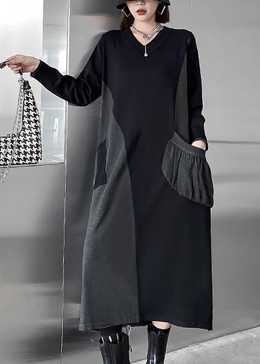 Black V Neck Patchwork Cozy Knit Long Sweater Dress Winter
