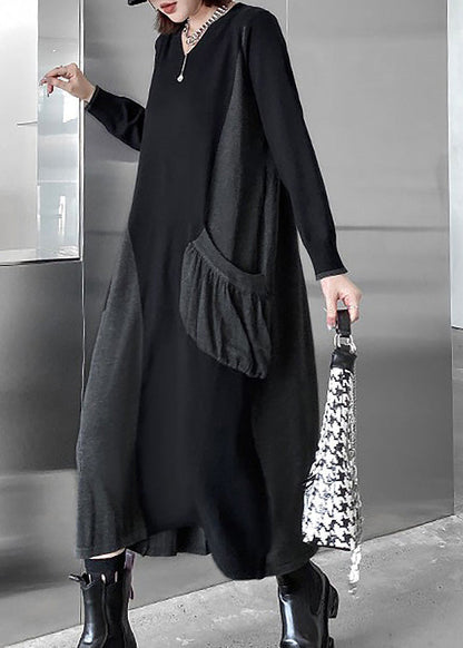 Black V Neck Patchwork Cozy Knit Long Sweater Dress Winter