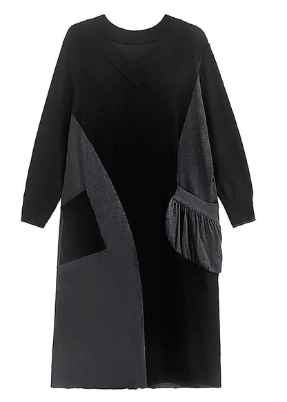 Black V Neck Patchwork Cozy Knit Long Sweater Dress Winter
