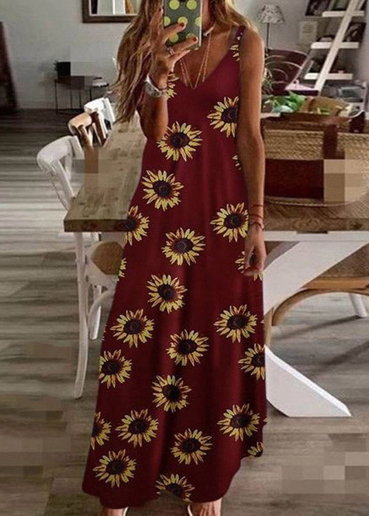 Black V Neck Print Long Dress Summer