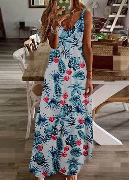 Black V Neck Print Long Dress Summer