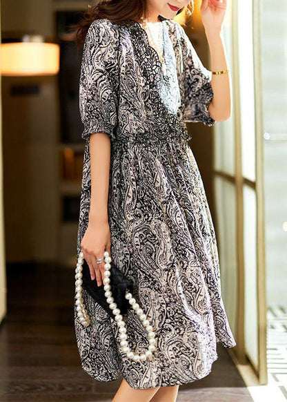 Black V Neck Print Patchwork Chiffon Dress Summer