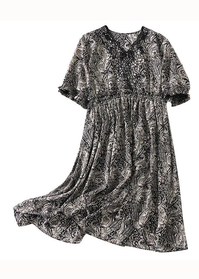Black V Neck Print Patchwork Chiffon Dress Summer
