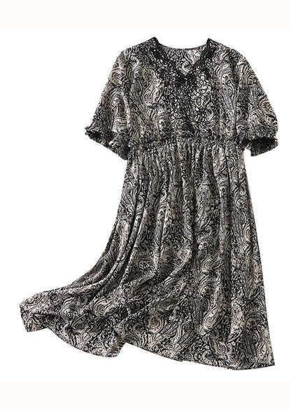 Black V Neck Print Patchwork Chiffon Dress Summer