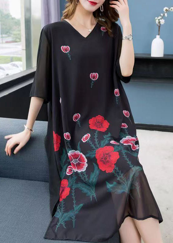 Black V Neck Rose Patchwork Chiffon Dress Summer