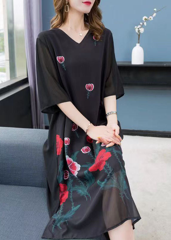 Black V Neck Rose Patchwork Chiffon Dress Summer