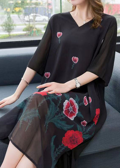 Black V Neck Rose Patchwork Chiffon Dress Summer