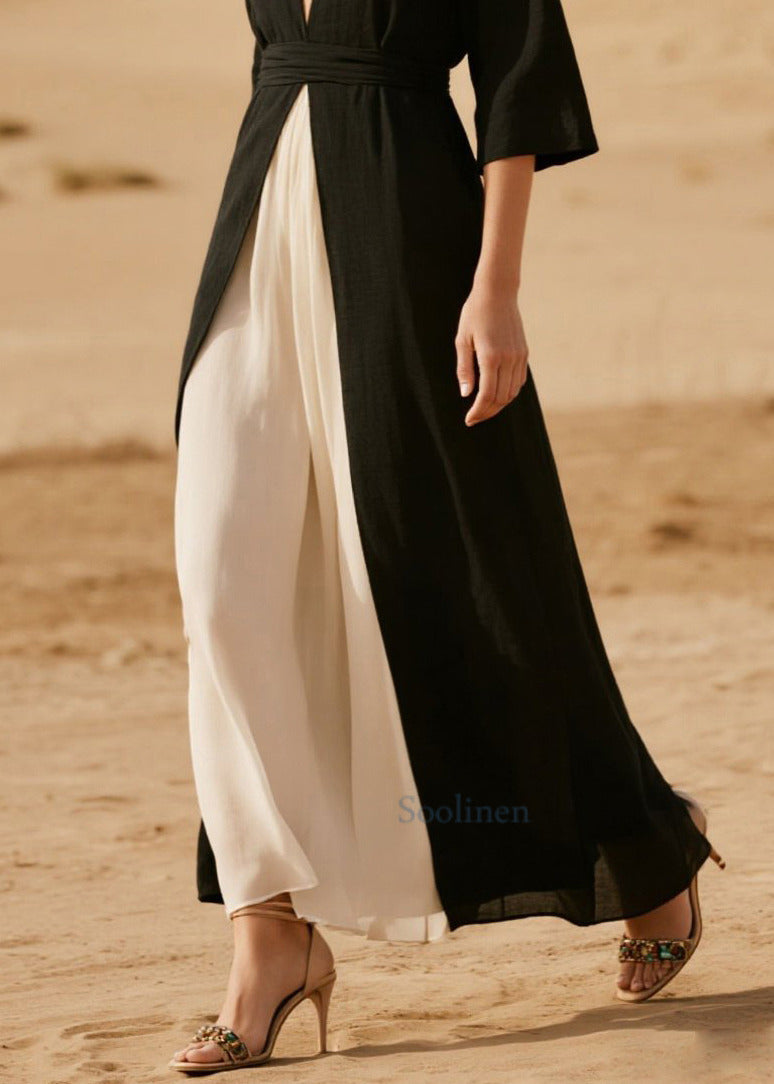 Black V Neck Side Open Chiffon Vacation Dresses Half Sleeve