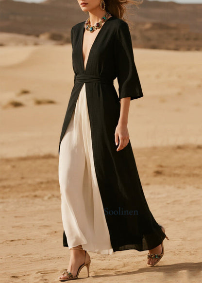 Black V Neck Side Open Chiffon Vacation Dresses Half Sleeve