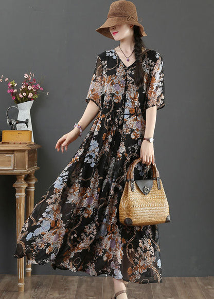 Black V Neck Tie Waist Print Chiffon Vacation Dresses Short Sleeve