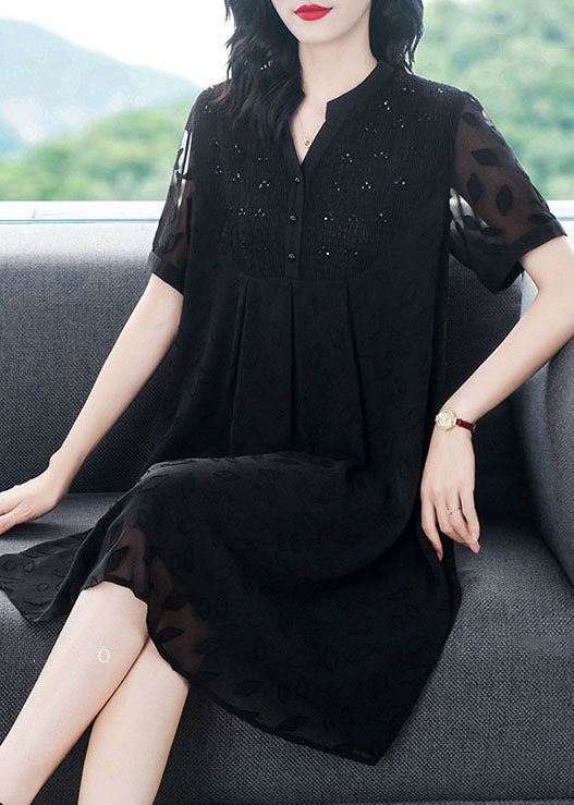 Black V Neck Wrinkled Patchwork Jacquard Chiffon Holiday Dress Short Sleeve