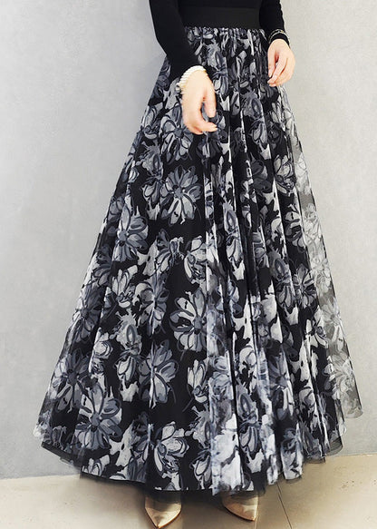Black White High Waist Print Draping Tulle Maxi Skirt Spring