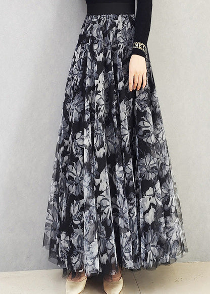 Black White High Waist Print Draping Tulle Maxi Skirt Spring