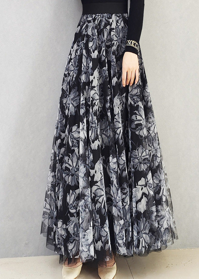 Black White High Waist Print Draping Tulle Maxi Skirt Spring