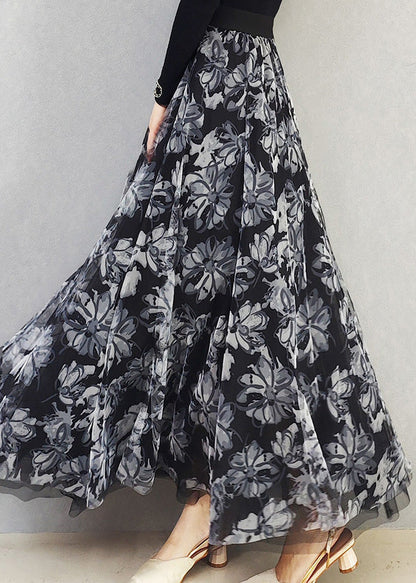 Black White High Waist Print Draping Tulle Maxi Skirt Spring