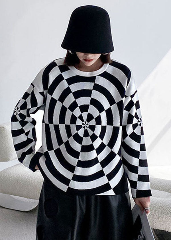 Black White O-neck Original Design Print Knit Sweater Winter