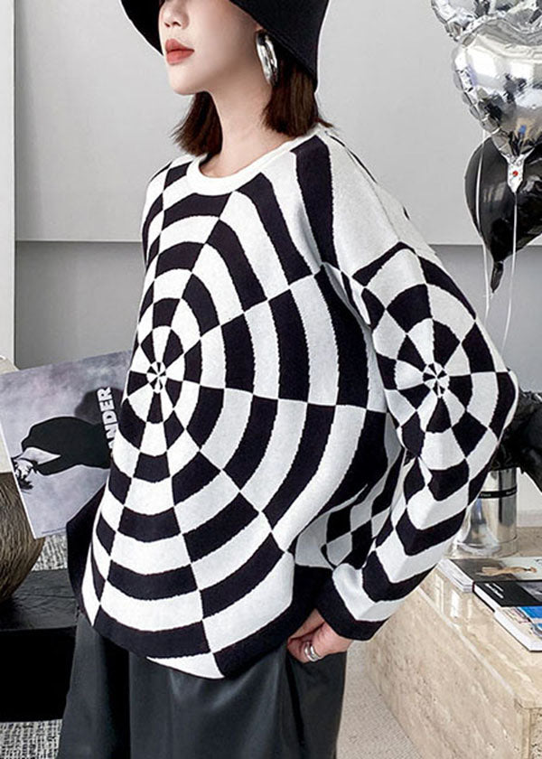 Black White O-neck Original Design Print Knit Sweater Winter