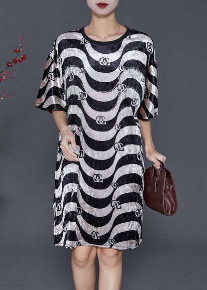 Black White Wave Striped Silk Velour Dress Summer