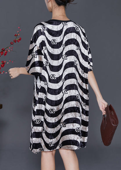 Black White Wave Striped Silk Velour Dress Summer