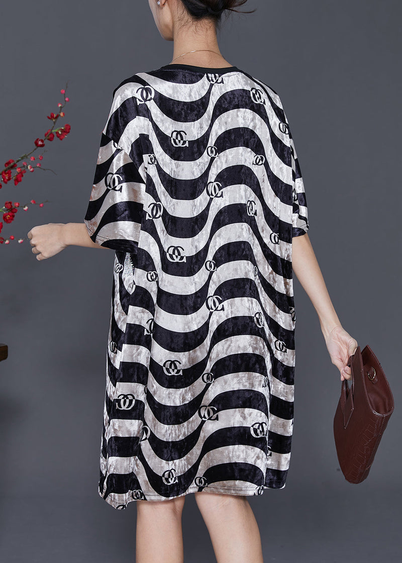 Black White Wave Striped Silk Velour Dress Summer