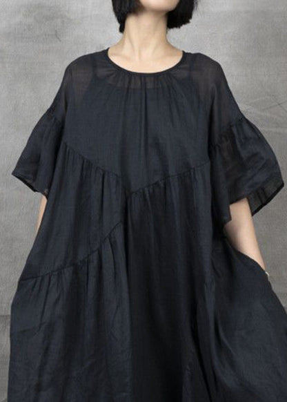Black Wrinkled Patchwork Maxi Dress Short Sleeve