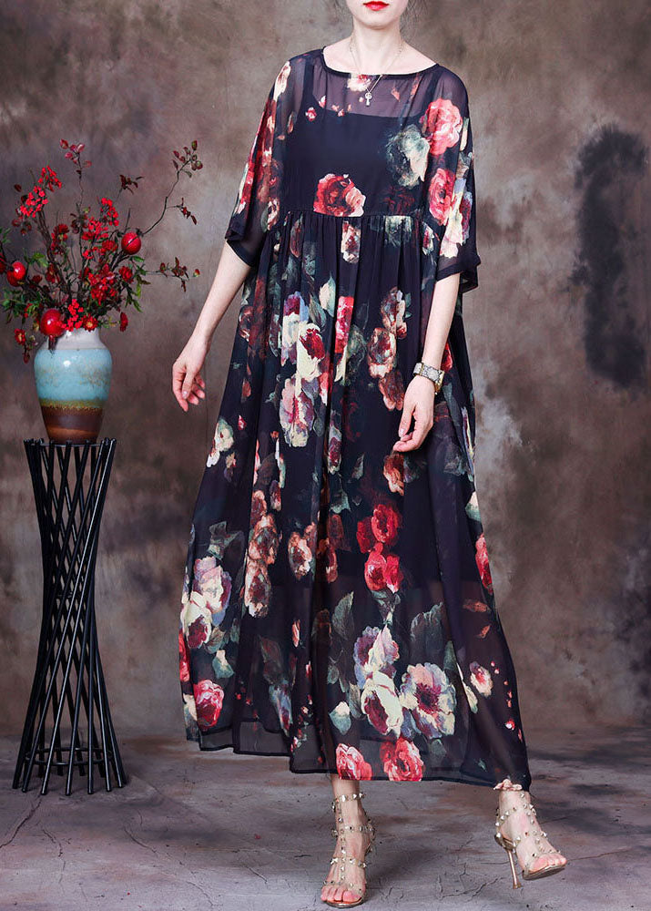 Black Wrinkled Print Chiffon Long Dress and Dress Spaghetti Strap Two Piece Suit Set Summer