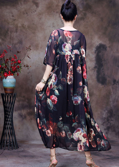 Black Wrinkled Print Chiffon Long Dress and Dress Spaghetti Strap Two Piece Suit Set Summer