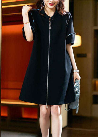 Black Zip Up Patchwork Cotton Mid Dresses Summer